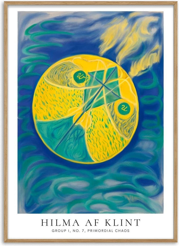 Abstract artwork of swirling blue and yellow forms in a circle, featured on Hilma Af Klint - Primordial Chaos product page.