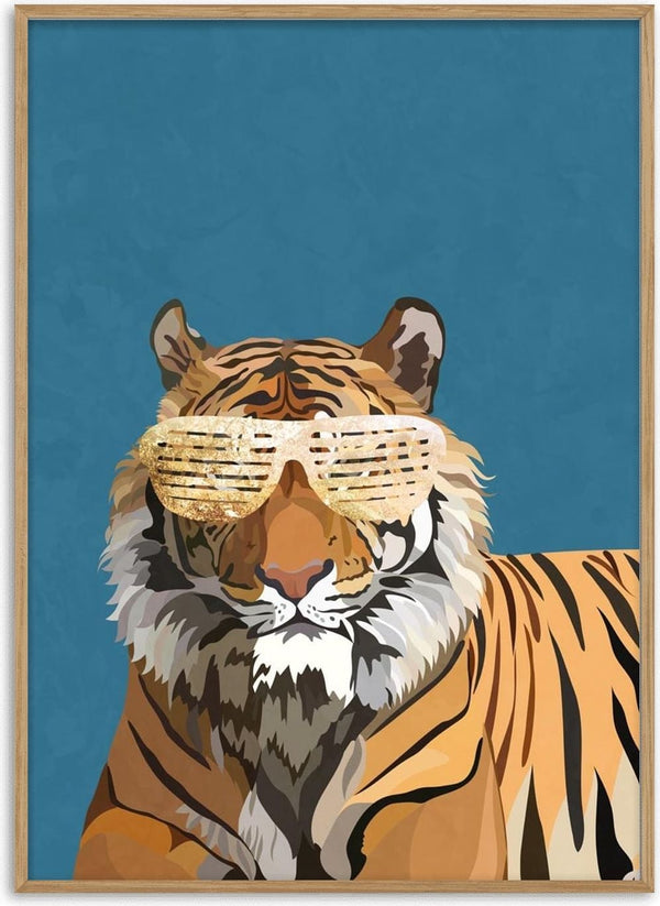 Illustration of a tiger wearing gold shutter shades, from Hip Hop Tiger by Sarah Manovski against a blue background.