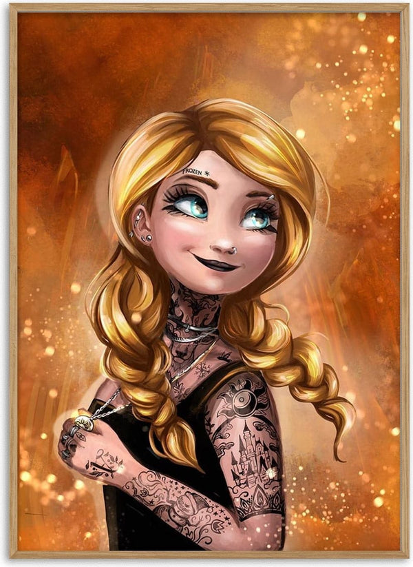 Illustration of Hot ANNA with blonde braids, tattoos, and a black top against a glowing orange background.