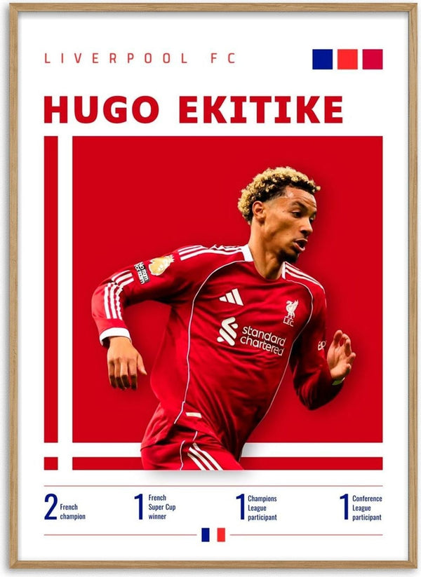 Football poster of Hugo Ekitike in Liverpool kit with career stats and red background.