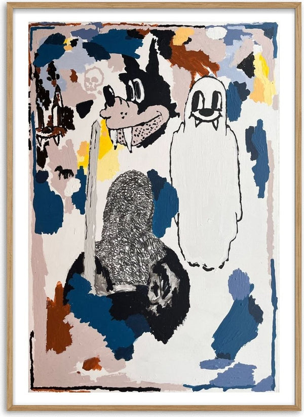 I CRACKED THE BED, THE GHOST WAS UNDER by Oscar Birch - a white ghost and a cartoon wolf in acrylic