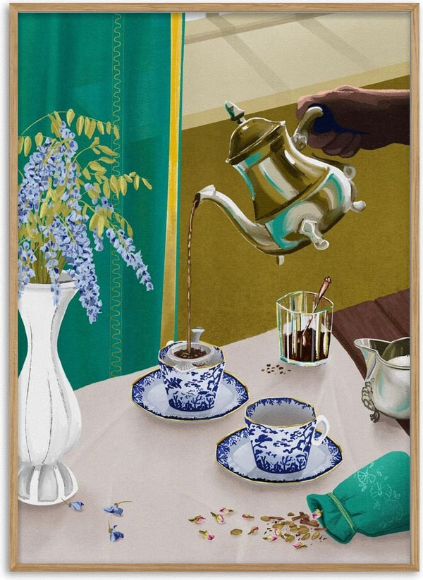 A hand pours tea into blue-patterned cups on a table next to flowers, for I Despise English Tea - Goed Blauw.