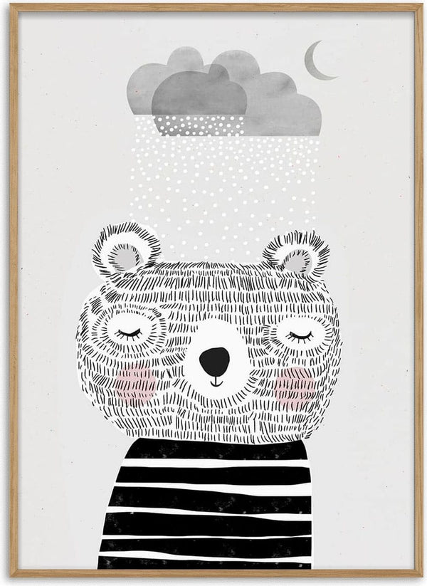Illustration of a cute bear with closed eyes under falling snow, gray clouds, and crescent moon above.