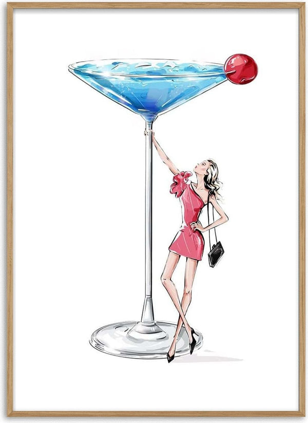 Illustration of a woman in a red dress beside an oversized martini glass with a cherry, for "I Need a Drink - Vincent V."