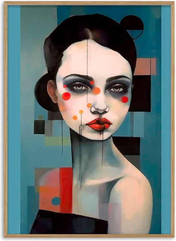 Abstract portrait of a woman with dark hair, red cheeks, and geometric shapes on a blue background.