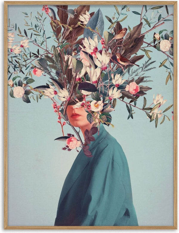 Surreal portrait of a person in teal with their head replaced by flowers and leaves, art by Frank Moth.