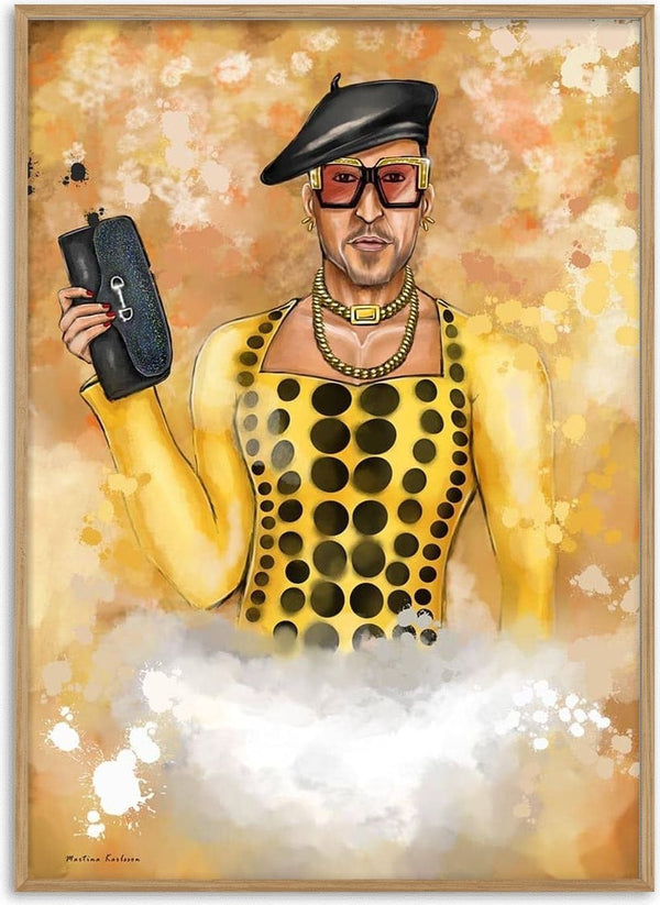 Stylish person in yellow polka dot outfit and beret holding a clutch, from "I would die for You" by Martina Karlsson.
