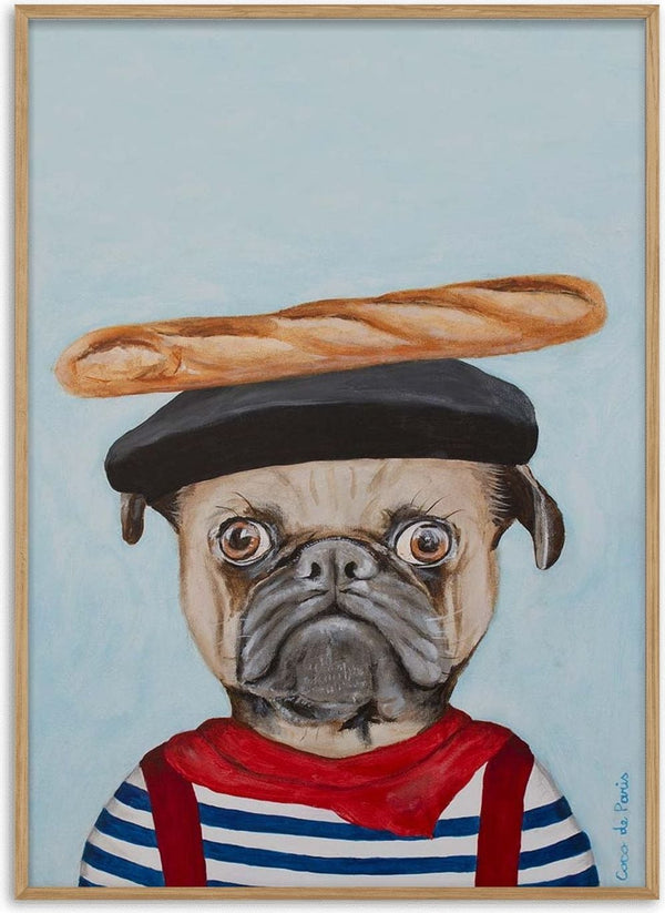Illustration of a French pug wearing a beret and striped shirt with a baguette balanced on its head.
