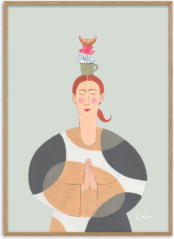 Illustration of a calm woman meditating with tea and a pastry balanced on her head, symbolizing harmony.