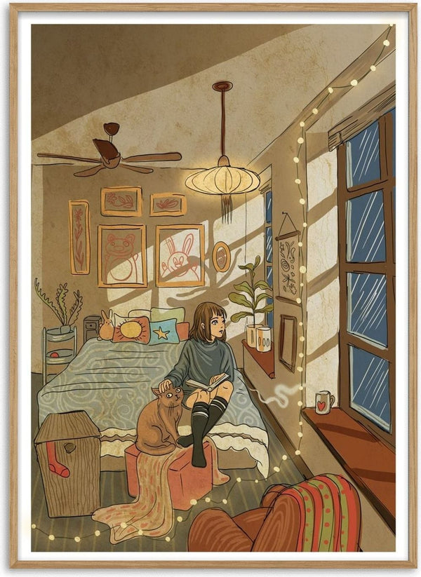 In my room by Nina Broen - a girl reading on her bed with a cat in a cosy attic room with fairy lights