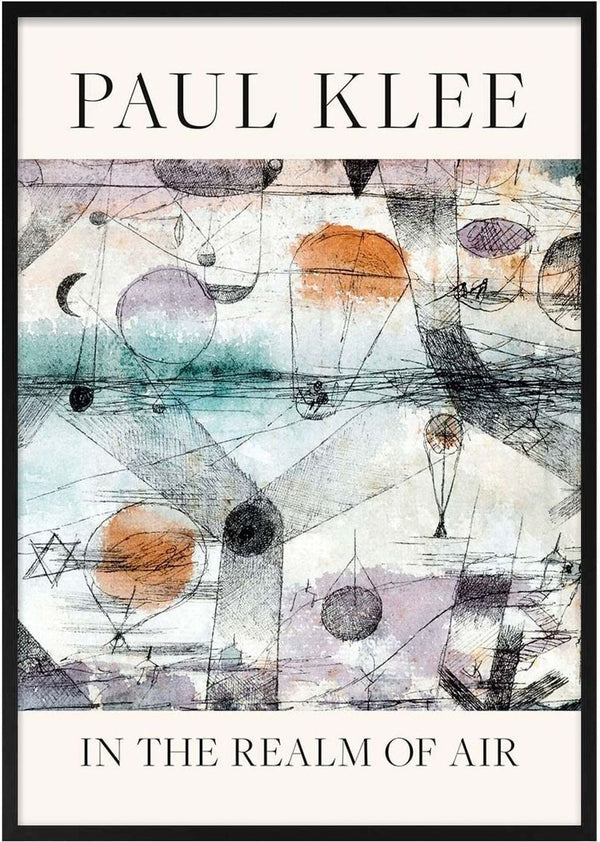 Abstract geometric artwork with circles and lines, muted colors; "Paul Klee In the Realm of Air 1917" displayed.