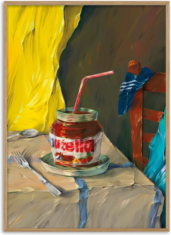 Indulgent Chocolate Moment by Natascha Baumgärtner – jar of chocolate spread with a red straw on a tablecloth