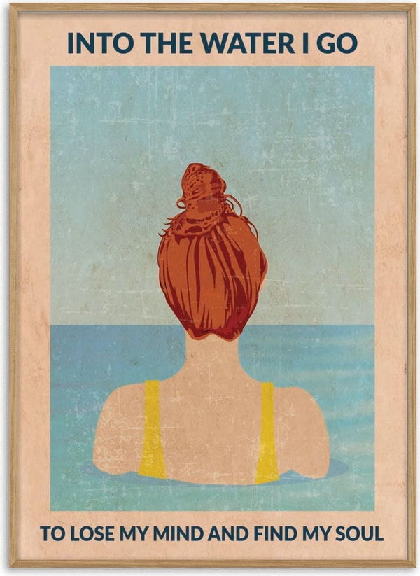 Illustration of a woman with red hair in a bun facing the water, with text about finding peace, for wallchart decor.