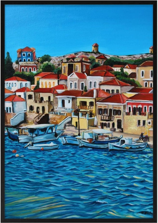 Island Life by Nella Hajdu - Greek harbour village with red-roofed houses above small boats