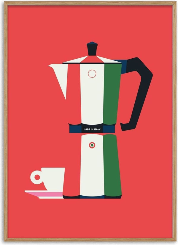 Italian coffee by Bo Lundberg - a moka pot in the colours of Italy with an espresso cup on red