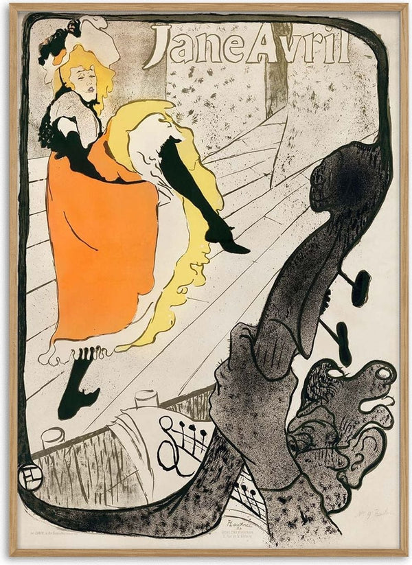 Poster of Jane Avril dancing on stage, with bold outlines and orange-yellow dress by Toulouse-Lautrec.