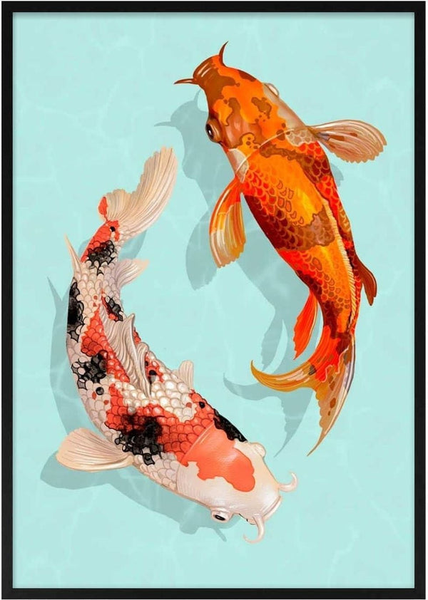 Illustration of two colorful Japanese koi fish swimming on a light blue background for a Japanske Karper Plakat.