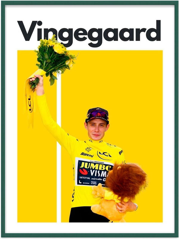 Jonas Vingegaard celebrates in a yellow jersey, holding flowers and a lion plush against a bright backdrop.