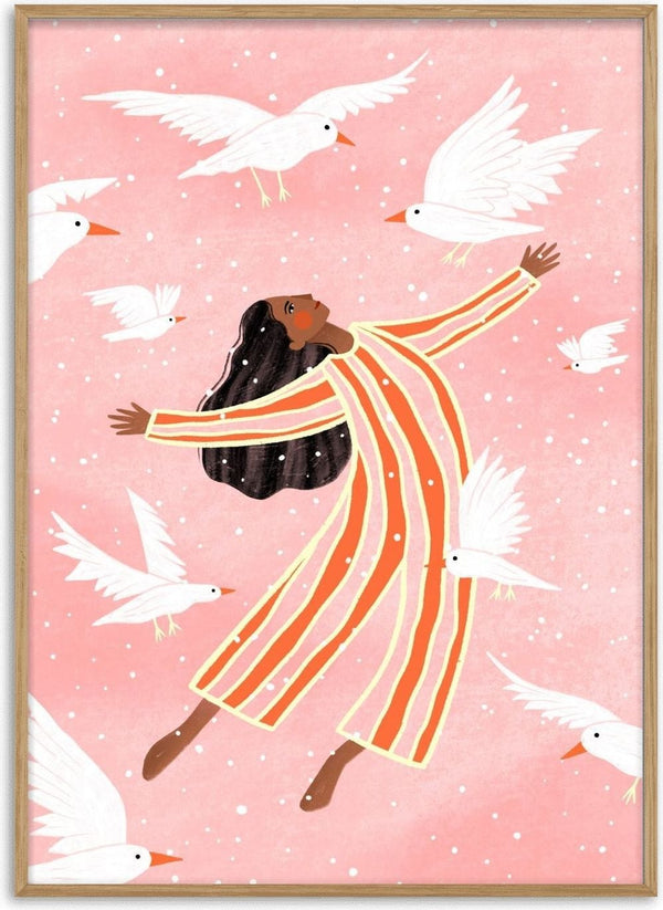 Joyful Liberation by Bea Müller – woman in striped pyjamas floating among white birds in a pink sky