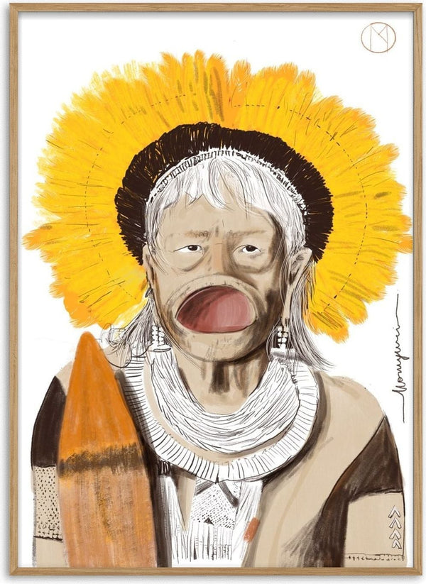 Juruna by Monyuri - portrait of an Indigenous elder with a lip plate and a yellow feather crown