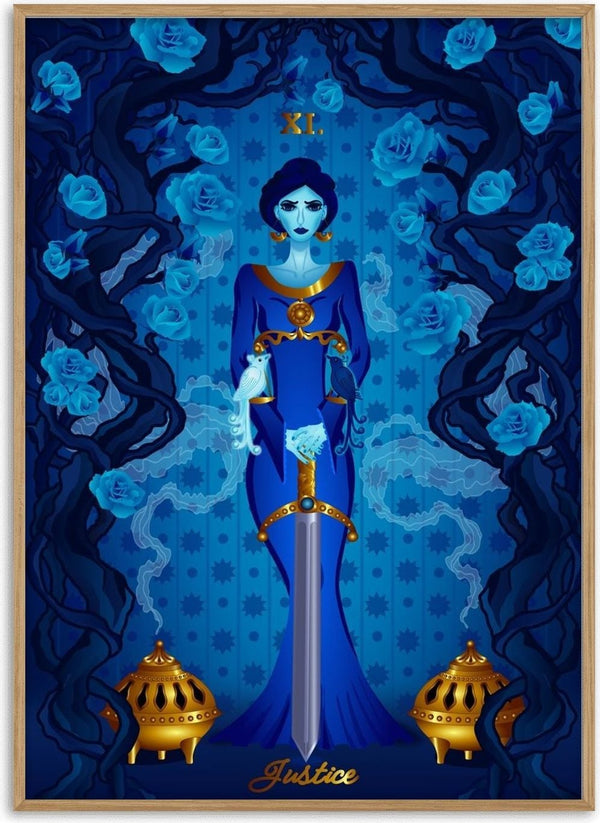 Justice by Sciurus tarotus - a woman in blue holding a sword between blue roses and gold censers