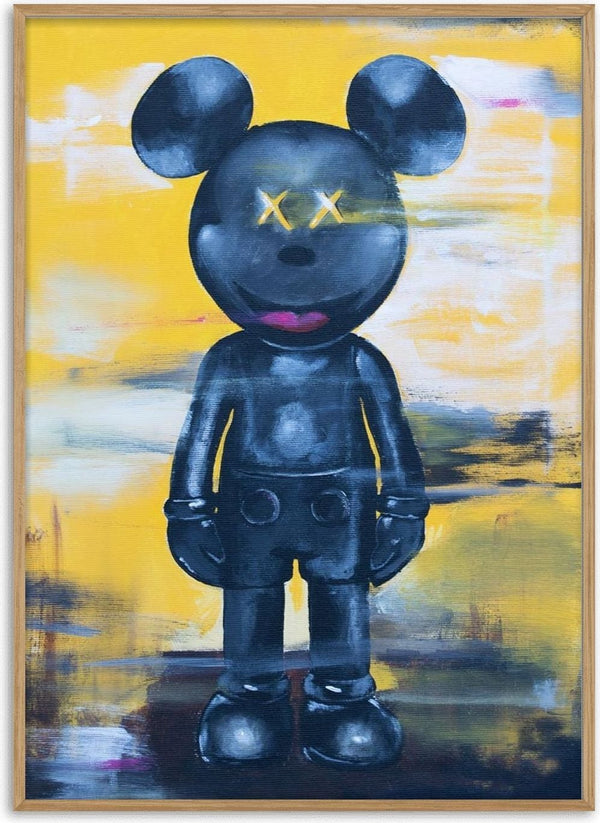 Artwork of a black cartoon figure with mouse ears and yellow X eyes, set against a yellow abstract background.