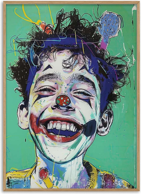 Colorful painting of a joyful child with curly hair and clown makeup, from Keep Smiling by Tara Green.