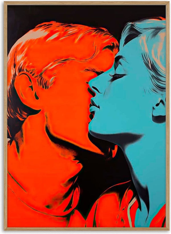 Pop art portrait of a man and woman in vibrant colors, inspired by Andy Warhol, for Kiss Me Andy Warhol - David Wolf.