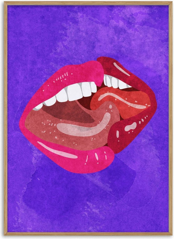 Illustration of two mouths kissing with glossy lips against a textured purple background.