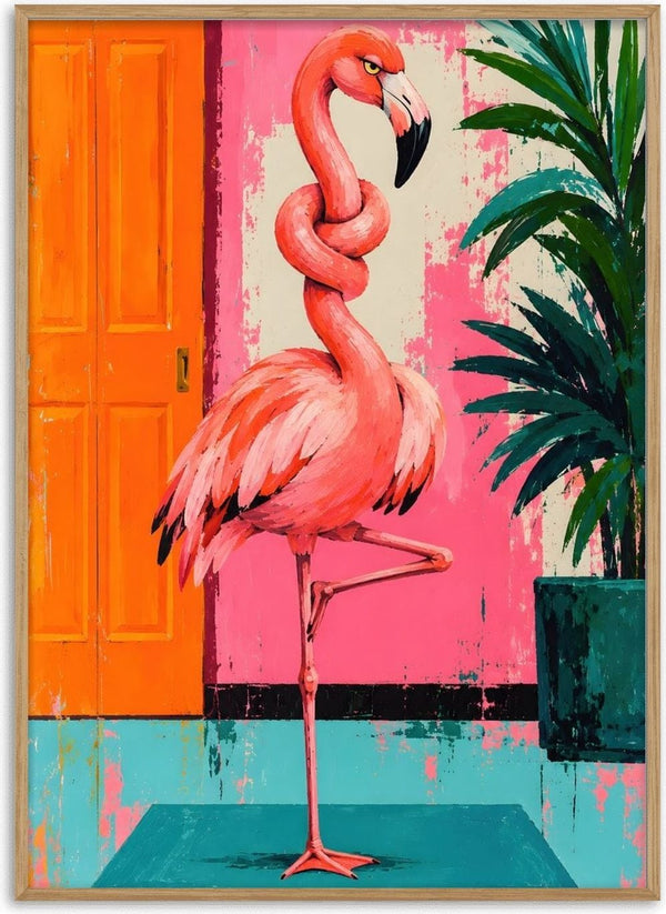 Knot today x Flamingo by Decker Studios - pink flamingo with a knotted neck by an orange door