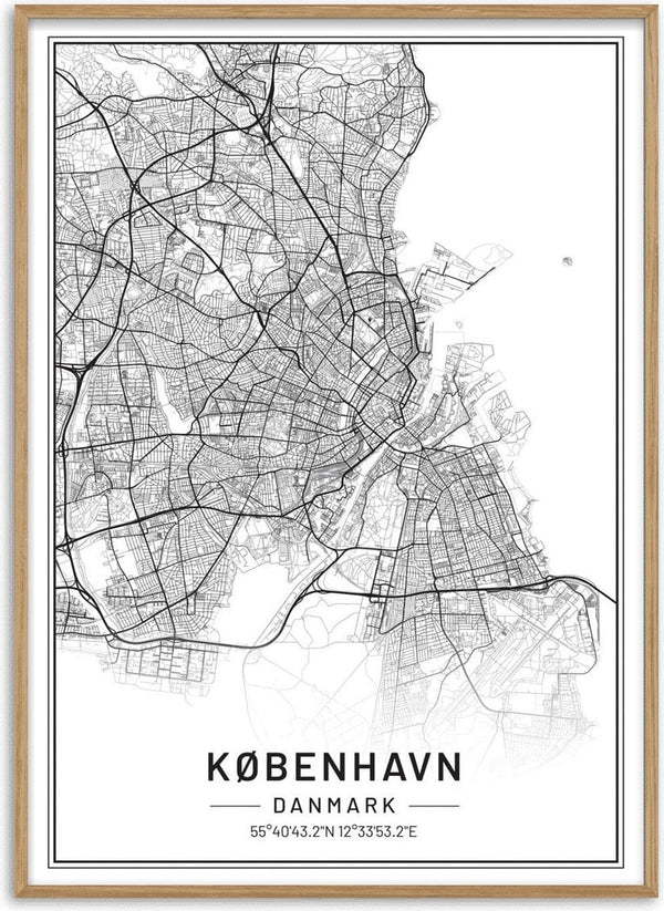 Black and white city map poster of Copenhagen, titled "KØBENHAVN DANMARK" with coordinates at the bottom.