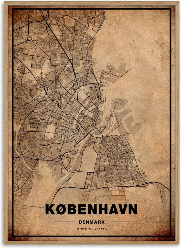 Vintage-style map poster of Copenhagen, Denmark with city streets and "København" in bold letters at the bottom.