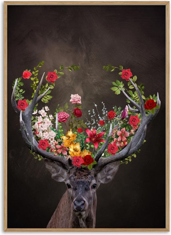 A deer with antlers decorated with colorful flowers against a dark background.