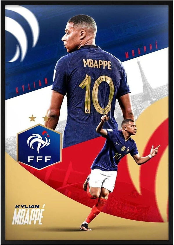Kylian Mbappé Football Poster featuring him in a French national team jersey with the number 10.