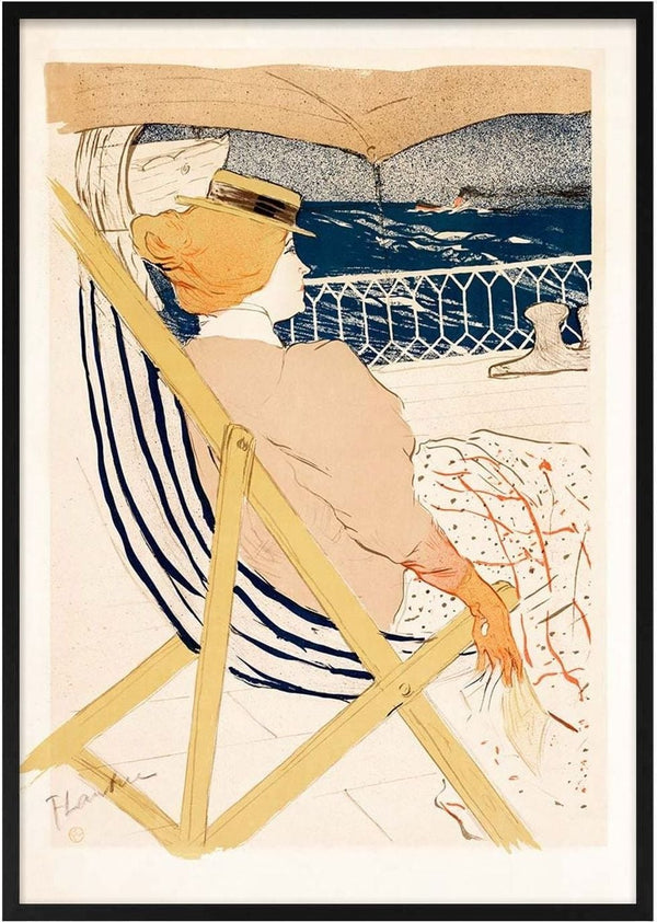 Woman in hat lounging on a striped deck chair by the sea, with waves and boat in background.