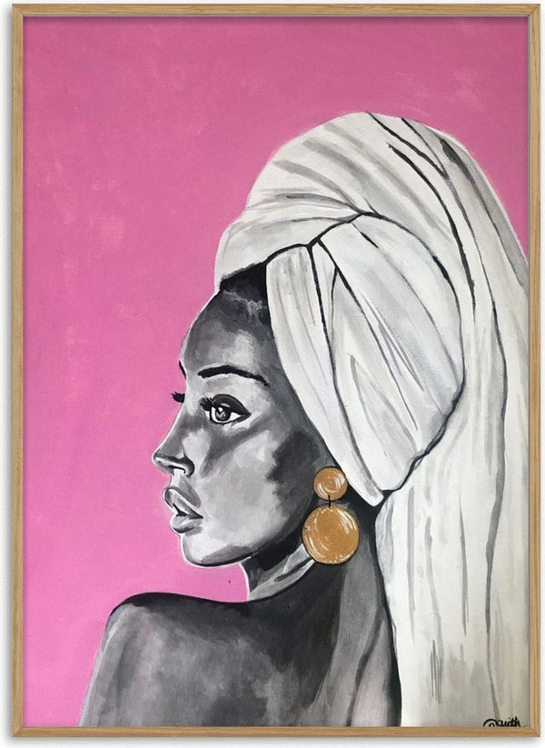 Ladies Night by Art By Biba - a grey portrait of a woman in a hair towel with gold earrings on hot pink