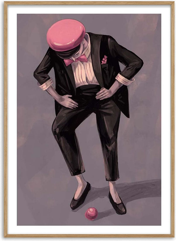 Illustration of Lady Chaplin in a tuxedo, pink hat and bow tie, standing over a red ball.