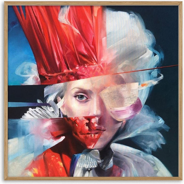 Lady Gaga by Adrian DeDea - fragmented oil portrait of Lady Gaga with a red feathered headdress