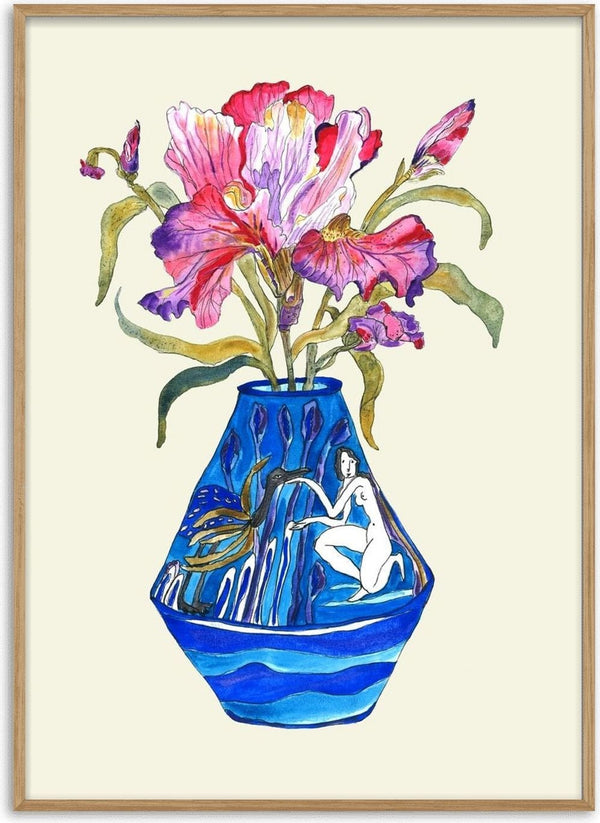 Laides Iris by Marjorie Salvagni - pink and violet irises in a faceted cobalt vase