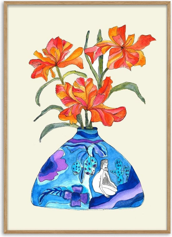 Laides Lily by Marjorie Salvagni - orange lilies in a low cobalt vase painted with a seated figure