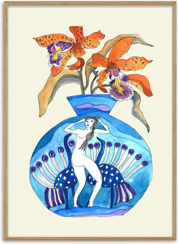 Laides Orange Orchid by Marjorie Salvagni - orange orchids in a blue vase painted with a standing figure