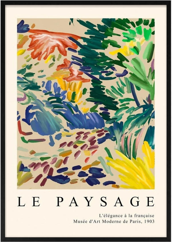 Abstract Matisse-inspired landscape in vibrant colors, text reads "Le Paysage" and details a Paris art exhibit.