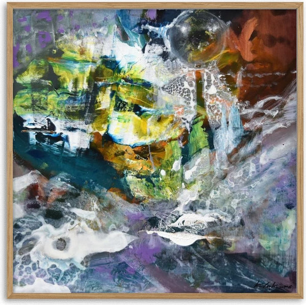 Landscape with bubbles of soap by Ovidiu Kloska - abstract landscape of lime, teal and violet layers with white foam and a bubble