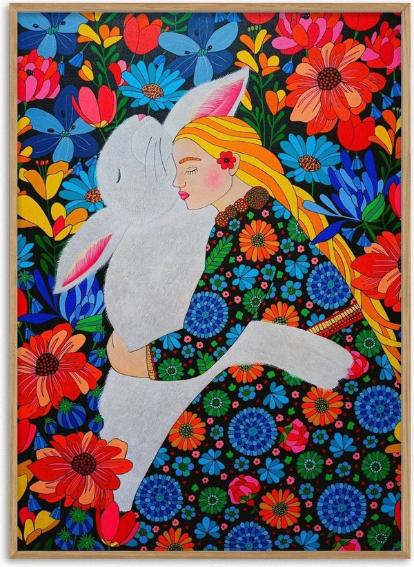 Lapin calin by Lucrezia Solena - woman with golden hair hugging a white rabbit among bright flowers