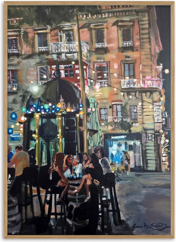Late night stroll in Valletta by Mariam De Giorgio - a lit bar terrace under coloured bulbs on a dark street