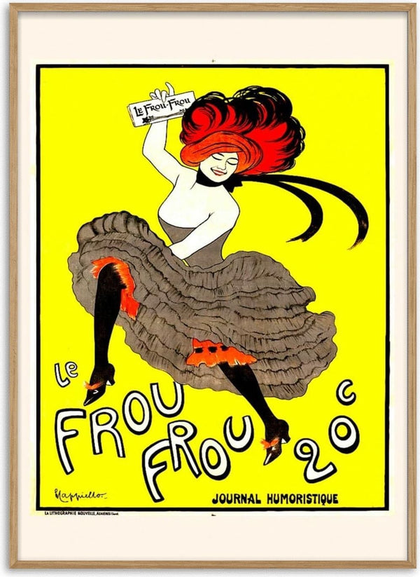 Vintage poster of a dancing woman in a ruffled dress holding a Le Frou Frou sign, yellow background.