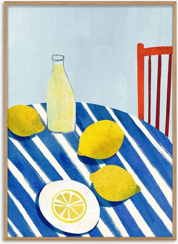 Illustration of lemons, a bottle of lemonade, and a plate on a blue-striped table with an orange chair.