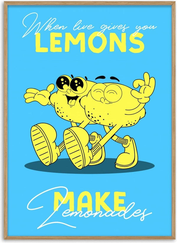 Cartoon lemons hugging with text "When life gives you lemons, make lemonade" on a blue background.