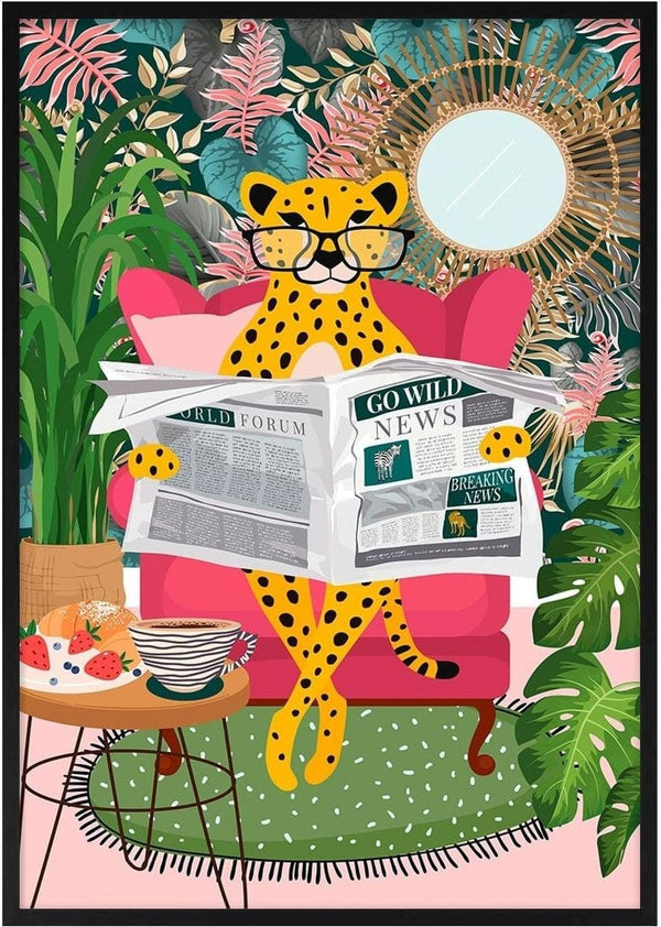Illustration of a leopard reading Leopard News on a pink chair, surrounded by tropical plants and snacks.