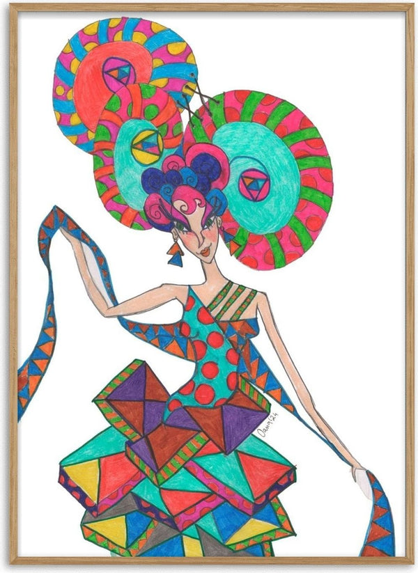 Life is geometry by A Sleepy Spirit Art - a woman in a dress of coloured triangles under three patterned discs